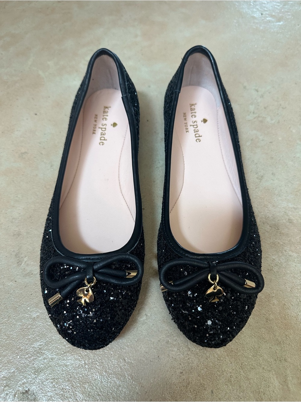 Kate Spade “Willa” Black Glitter Bow Ballet Flats with Gold Charm, Size 6